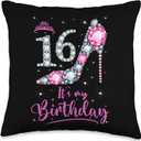 16 Years Old Birthday Women Pink Crown Shoe Girl 16 Pink High Heel 16th Birthday Girl Women Throw Pillow, 16x16