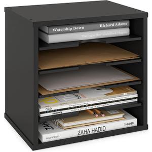 Ballucci 5-Tier File Organizer for Desk, Wooden Mail Sorter, Office Desk Organization, Paper Storage Organizers, Folder holder for desk, Letter Trays & Stacking Supports, Adjustable Shelves, Black