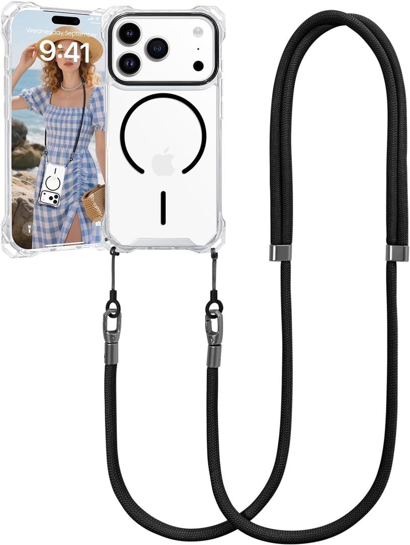 for iPhone 17 Pro Case with Crossbody Lanyard, Compatible with MagSafe, Clear Magnetic Phone Case with Strap Adjustable, Shockproof Drop Protection, for iPhone 17 Pro 6.3'' (Black)