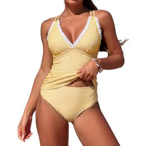 Womens V Neck Tankini Swimsuits Push Up Ruched Color Block Swim Top High Waisted Tummy Control Bathing Suits L