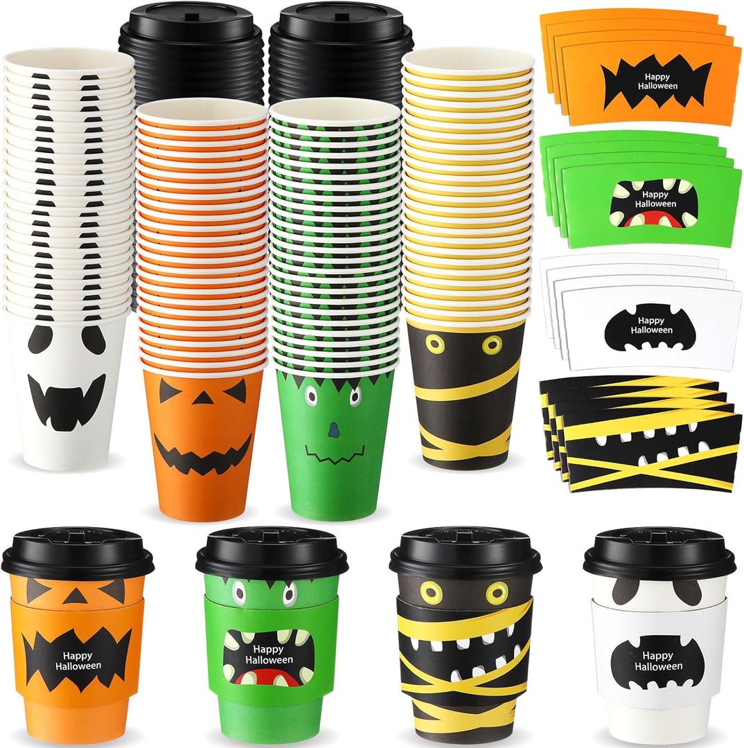 Umigy 100 Pack Halloween Disposable Coffee Cups 12 oz Paper Coffee Cups with Dome Lids and Sleeves Hot Cold Beverage Coffee Juice Drinking Cups for Halloween Party Decoration (Ghost Style)