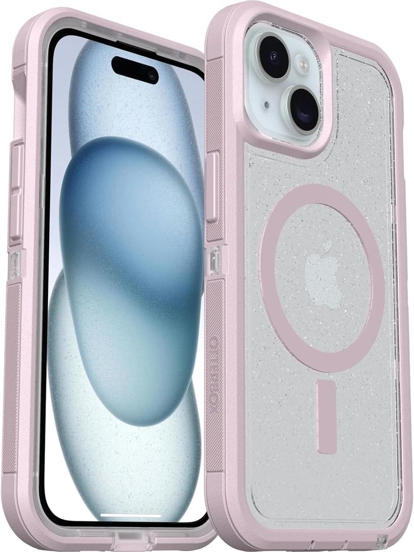 OtterBox iPhone 15, 14, 13, iPhone 17e, 16e Case - Defender Series XT - Built-in MagSafe - Rugged - Port Protection - Lanyard Attachment - Non-Retail Packaging - Clear/Stardust/Pink