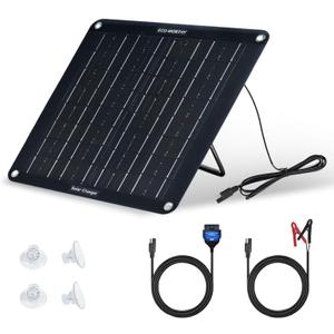 ECO-WORTHY Upgraded 10W Solar-Battery-Charger-Maintainer-12V Waterproof Portable Solar Panel Trickle Charger with OBD and Quick-Stand Support for Car Truck Boat Mower RV Trailer ATV Marine Battery