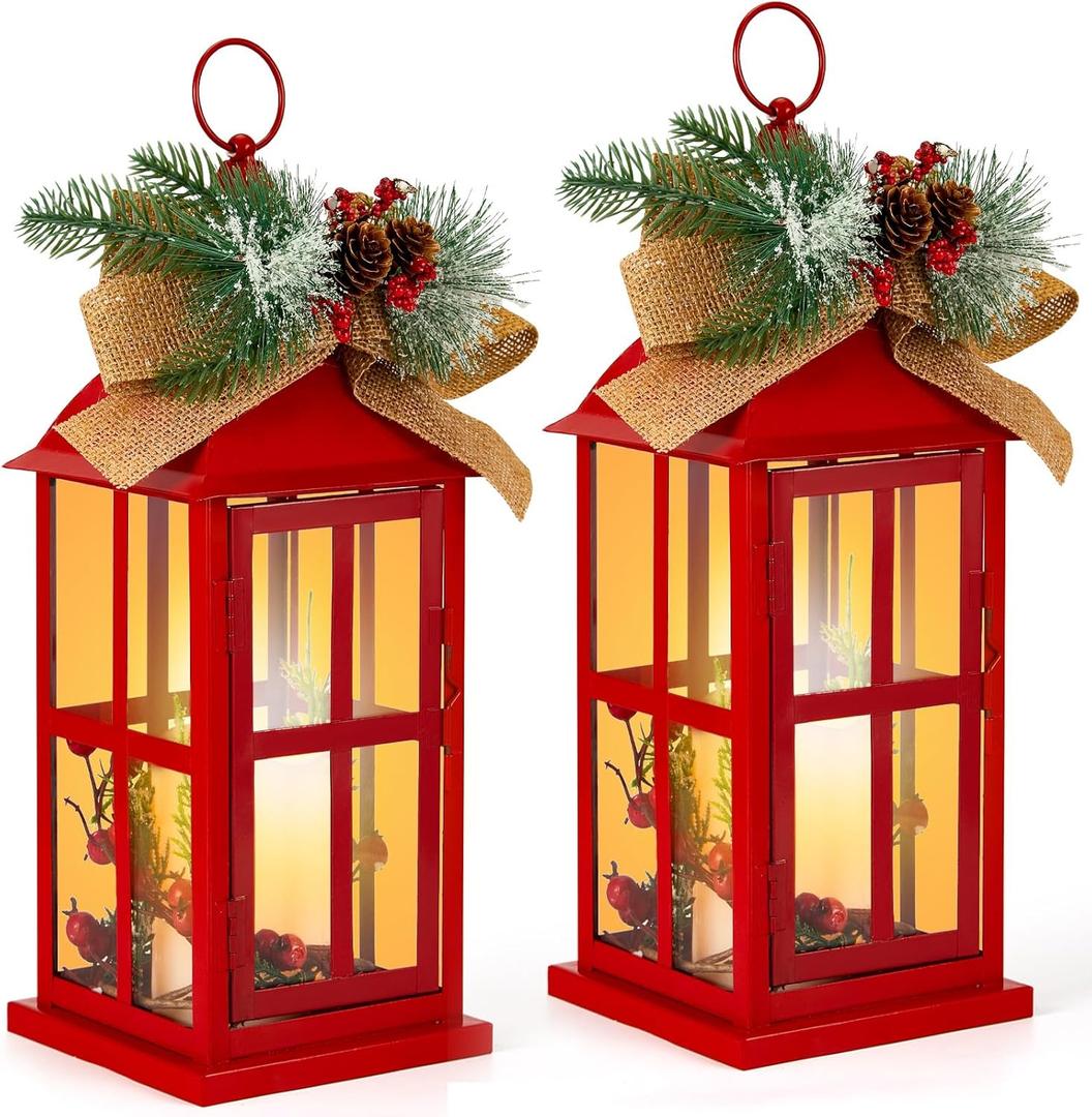 Baquler 2 Pcs Decorative Lantern Hanging with LED Candle Metal Vintage Christmas Candle Holder Xmas Ornament for Indoor Outdoor Porch Decor Holiday Party Tables Centerpieces (Red)