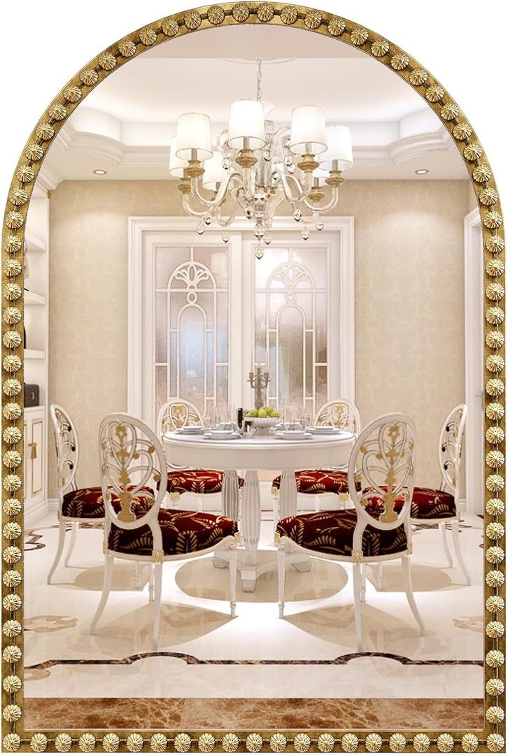 Arched Mirror for Wall, 20"x30" Antique Gold Arch Bathroom Vanity Mirror, Antique Brass Metal Floral Frame Decorative Arch Wall Mirror for Washroom, Bedroom, Entryway, Living Room
