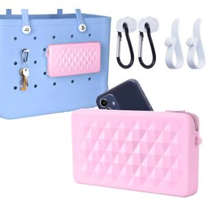 Silicone Pouch for Bogg Bag Accessories, Universal Cell Phone Holder for Bogg Bag, Zipper Pouch with 4 Hooks Compatible with Simple Modern Beach Tote XL/L Pink