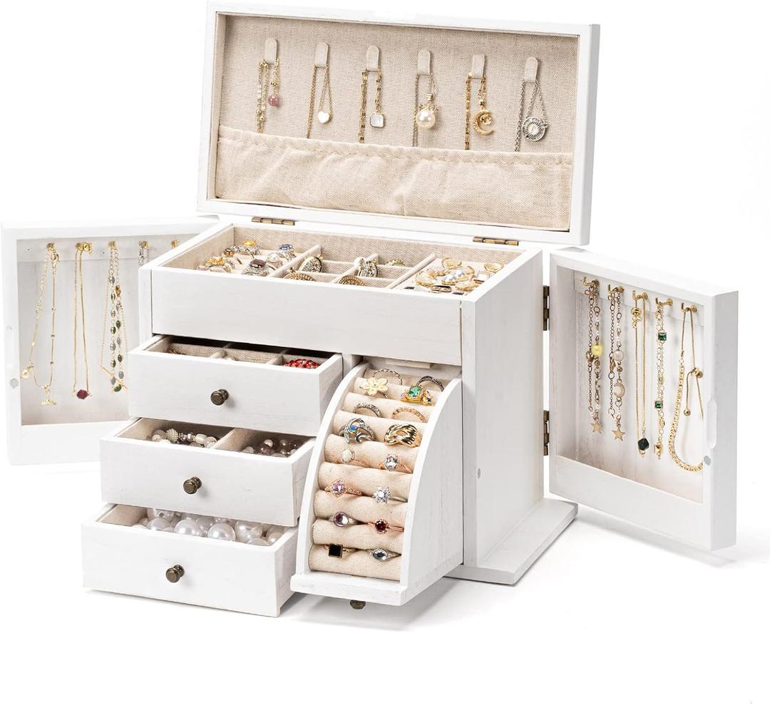 Poyilooo Jewelry Box Organizer, Solid Wood Jewelry Boxes for Women for Storage & Display Necklace Ring Earring Bracelet, Rustic Style Jewelry Organizer Box for Women Gifts (Weathered White)