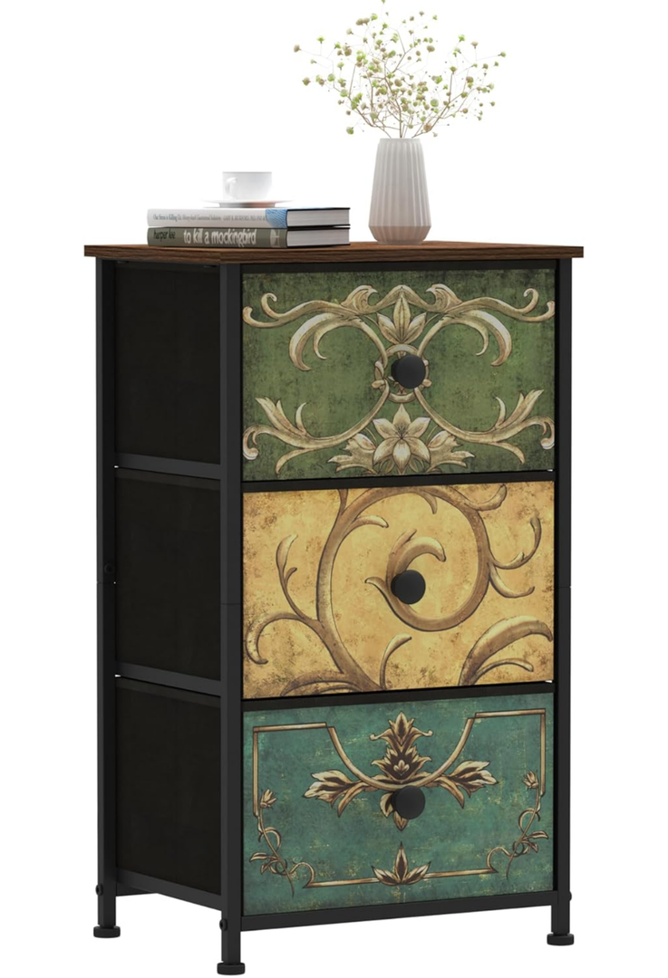 Tohomeor Small Dresser for Bedroom with Retro Flower Narrow Drawers Slim Chest of Drawers Skinny Nightstand Sofa End Table for Living Room Entryway Closet Storage (Multi, 3 Drawers)