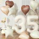 35th Birthday Decor, Cream Brown Tan Helium Number 35 Balloon, Heart and Star Balloons, Neutral Beige Sand White Nude Foil Set for Women Birthday Wedding Anniversary Party Boho Decoration