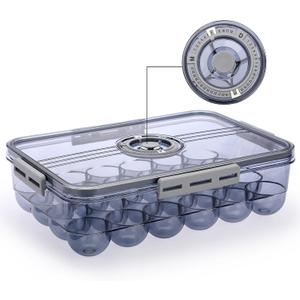 BTSKY Premium Plastic Egg Holder for Fridge - 24 Egg Refrigerator Container, Organizer with Time Reminder and Lid