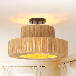 Karjearl Boho Rattan Ceiling Light Fixtures, 15.7 Inch 3-Light Raffia Drum Semi Flush Mount Lights Hand Woven Coastal Ceiling Lighting for Bedroom Hallway Kitchen