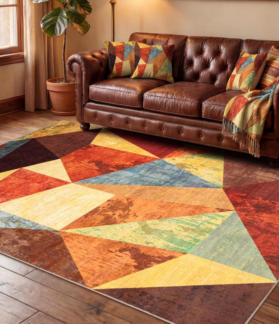 YIHOUSE Brown Area Rug 4x6,Geometric Burnt Orange Area Rug Non Slip,Farmhouse Rugs Washable,Vintage Burgundy Carpets for Bedroom, Boho Rug for Kitchen,Dining Room