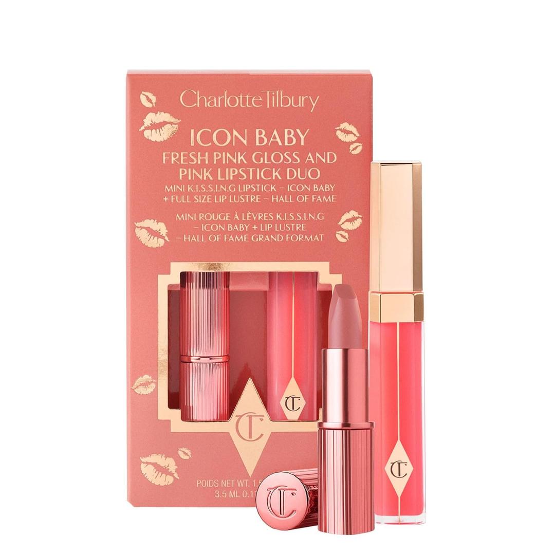 Charlotte Tilbury Icon Baby Lip Duo Kit - Mini K.I.S.S.I.N.G Satin Shimmer Lipstick & Full Size Hall of Fame High Shine Gloss Set - Hydrating Long Lasting Makeup Duo for On-the-Go Glossy Shine