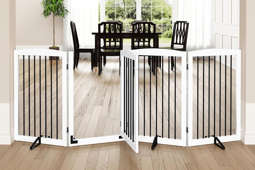 PUPETPO Freestanding Dog Gates with Door Walk Through, 80 inch Wide Gates Indoor, Dog Fences Indoor, Support Feet Included, 4 Panels, 32" Tall, White & Black