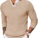 Yousify Mens V Neck Pullover Sweater Waffle Knit Casual Textured Pullover Long Sleeve Slim Fit Fall Sweaters Khaki, L 