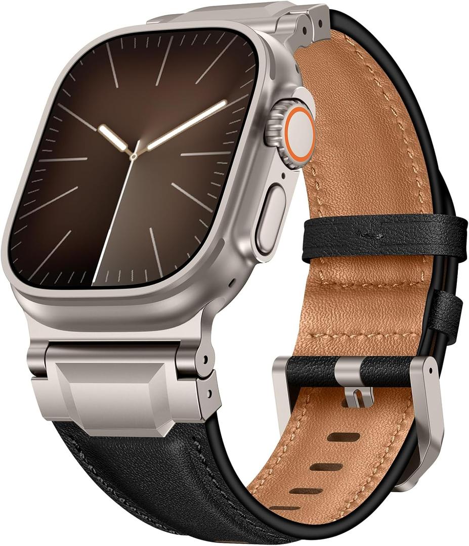 Leather Bands Compatible with Apple Watch Ultra 3/2/1 Band 49mm 46mm 45mm 44mm 42mm, Genuine Leather Metal Connector Strap for iWatch Ultra Series 11/10/9/8/7/SE/6/5/4/3/2/1, Black/Titanium