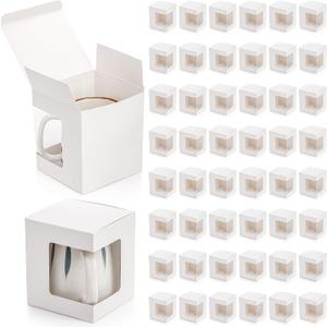 AVLA 50 Pack Gift Boxes for Sublimation Mugs, 4.3x4.3x5'' Small White Packaging, 12OZ 15OZ Transparent Cups Wrapping With Clear View Window, Cupcake Christmas Ornament Box for Wedding