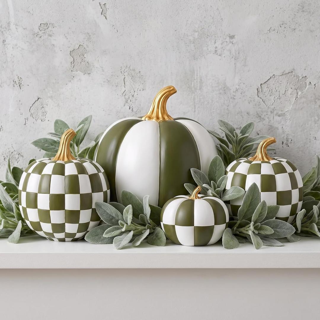 4 Pcs Large Sage Green Pumpkins Checkered Thanksgiving Home Decor Resin