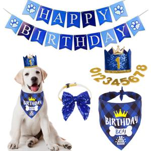 ADOGGYGO Dog Birthday Hat Bandana - Navy Blue Birthday Boy Dog Bandana Pet Party Hat with Numbers Bow and Happy Birthday Banner Set (Large)