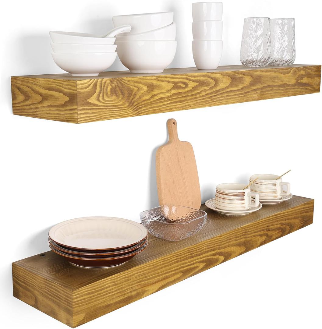 Floating Shelves 3 inch Thick for Wall Set of 2,Solid Pine Wood Wall Mount Shelf for Kitchen Living Room Bedroom Bathroom,8" D x 36" L x 3" H-Gold Oak