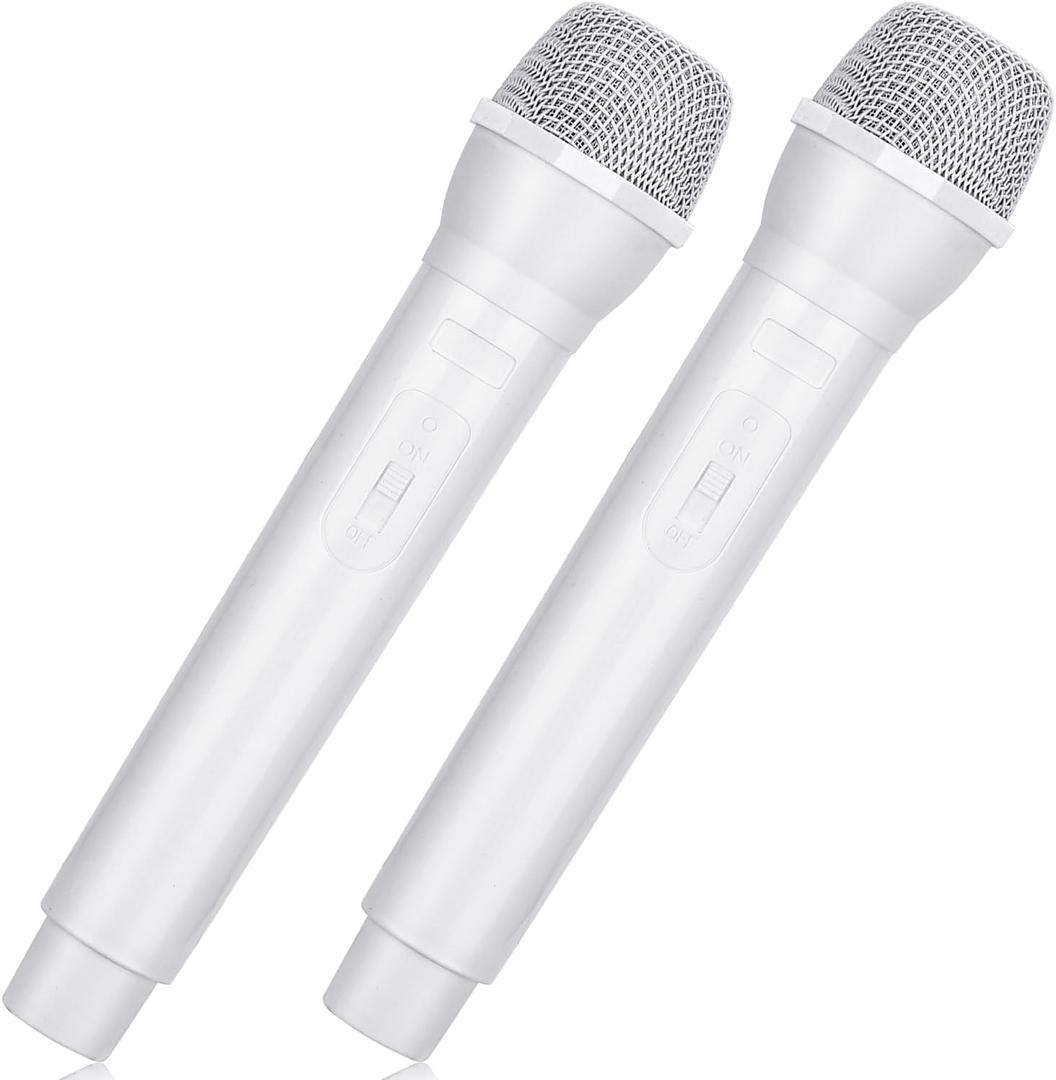 Facmogu 2PCS Fake Microphone Prop, Plastic Realistic Prop Microphone, Pretend Mics Simulate Speech Practice, Mic Prop for Karaoke Costume Role Play Christmas Cosplay Music Birthday Party Favors -White