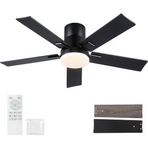 42 Inch Ceiling Fans with Lights and Remote,Flush Mount Black Ceiling Fan with 5 Blades,6 Speed Reversible DC Motor,3CCT Dimmable LED-Low Profile Design for Bedroom, Living room & Covered Outdoor