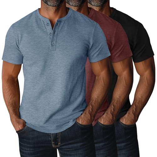 Ficerd 3 Pack Men's Big and Tall Henley T-Shirts Short Sleeve Plus Size Tee Loose Casual Shirts Basic Oversized Tops(Black, Burgundy, Light Haze Blue,X-Large)