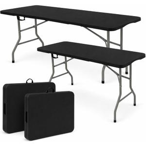 Set of 2 Folding Table 6 FT Lightweight Camping Table Black Portable Plastic Rectangular Outdoor Dining Table Steel Legs Fold-in-Half with Carrying Handle for Indoor,Picnic,Party,Wedding,Events