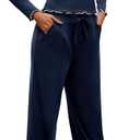 Gargenwed Women's Two-Piece Lounge Set, Long Sleeve Top and Wide Leg Pants with Pocket Casual Comfort Outfit (Medium, Dark Blue)