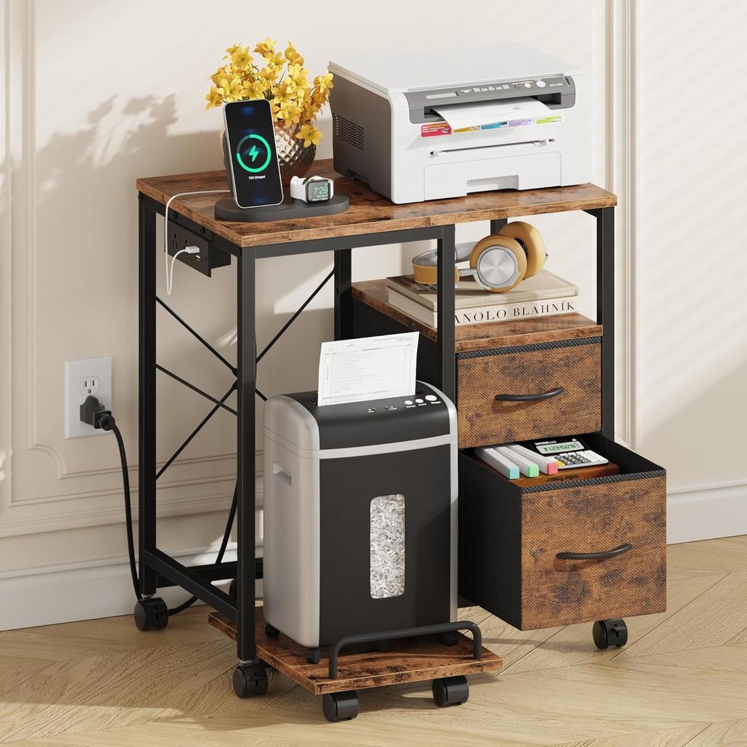 YAOHUOO Printer Stand with Power Outlet/Fabric Drawers, Printer Cabinet with Storage Shelf and Rolling Shredder Stand, Printer Table for Home Office, 22.8"15" Rustic Brown