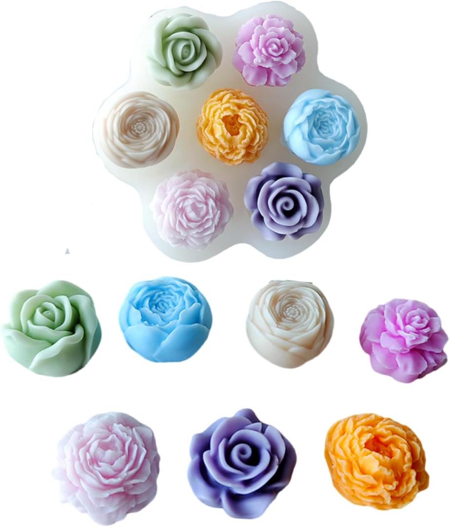 7-Cavity Flower Silicone Mold  3D Rose Peony Fondant Chocolate Mold for Cake, Candy, Soap, Candle, Resin, and DIY Crafts