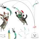 Interactive Cat Toys for Indoor Cats: Upgraded 360 Automatic Spin Flying Bird Feather Wand with Silicone Protected Rod Safe Play, Strong 8cm Suction Cup, USB-Rechargeable for Bored Kittens and Adult (White)