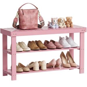 SMIBUY Bamboo Shoe Rack Bench, 3-Tier Shoe Organizer Storage Shelf for Entryway Hallway Bathroom Living Room (Pink)