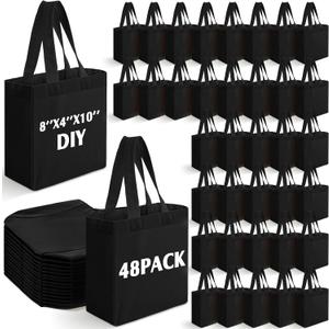 Sanwuta 48 Pack Mini Canvas Tote Bag 8'' x 4'' x 10'' Small Sublimation Blank Canvas Bags Reusable Tote for Christmas Crafts DIY Party Gifts (Black)