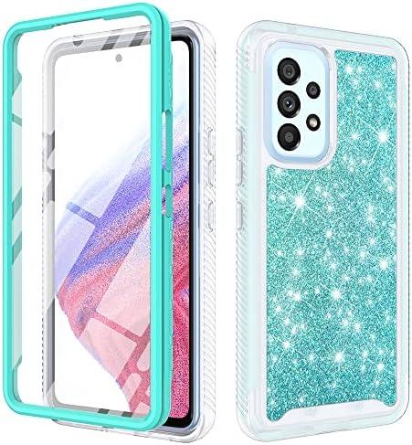 TJS Compatible for Samsung Galaxy A53 5G Case, with [Built-in Screen Protector], Full-Body Drop Protector Cover Glitter Bling Cute Girls Women Design Hybrid Phone Case (Teal)
