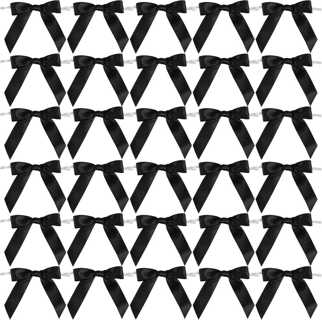 AIMUDI Black Bows 2.5" Satin Bows for Gift Wrapping Twist Tie Bows for Crafts Pre-Tied Black Satin Ribbon Bows Small Gift Bows for Treat Bags Party Favors Wedding Decorations - 50 Counts