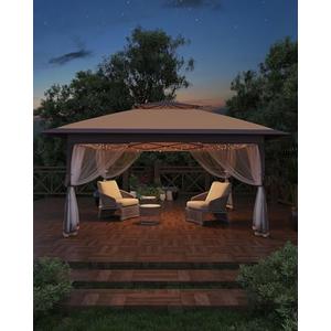 Pop Up Gazebo 11x11，Canopy Tent with Mosquito Netting, One Push Setup for Backyard Patio Garden with 4 Sand Bags- Khaki