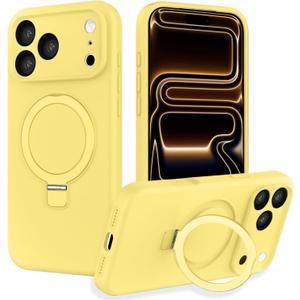 with Magnetic Invisible Stand Phone Case for iPhone 17 Pro Max, Silicone Compatible with Magsafe Military Grade Full Camera Protection Phone Covers for Women Men, Creamy Yellow