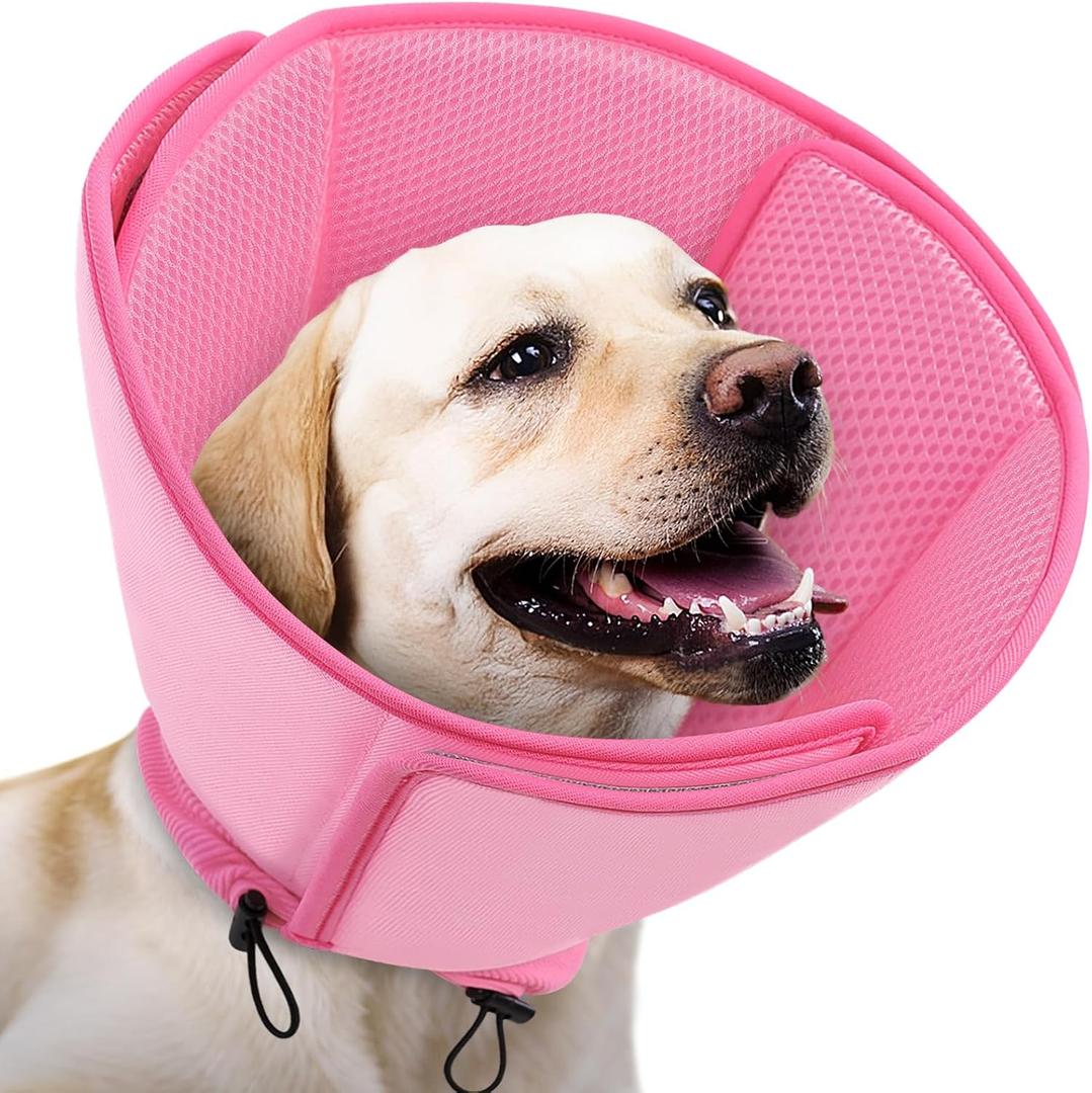 Queenmore Dog Cone, Soft Dog Cones for Large Dogs After Surgery, Comfy Cone for Dogs to Stop Licking, Adjustable Recovery Collar, Elizabethan Pet E-Collar for Wound Healing (Pink, L)