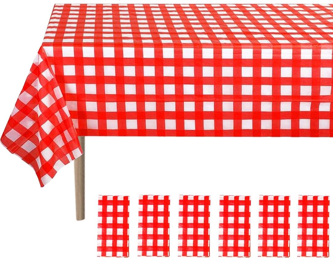 6 Pack Red and White Checkered Tablecloth, 54 X 108 Inch Plastic Red Gingham Table Cloth Disposable Spring Picnic Tablecloth Waterproof Red Checkered Table Cover for BBQ Picnic Barbecue Birthday Party
