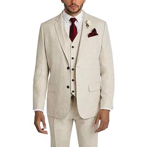 Linen Suits for Men Slim Fit 3 Piece Mens Linen Suit Beach Wedding Groomsmen Prom Suit Summer Blazer Vest Pants, L, Beige