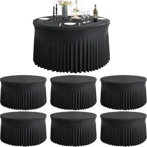 6 Pack Black Round Spandex Tablecloth for 60 inch Table, Wrinkle Free Stretchy 120inch Fitted 5FT Round Table Cloths Cover with Skirt for Wedding Birthday Party Dining Banquet Events