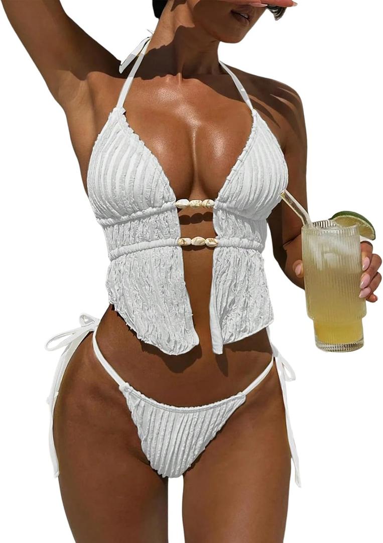 ZAFUL Halter Swimsuits for Women Textured Backless 2 Piece Bathing Suits Cheeky High Cut String Tie Side Bikini Sets (White, L)