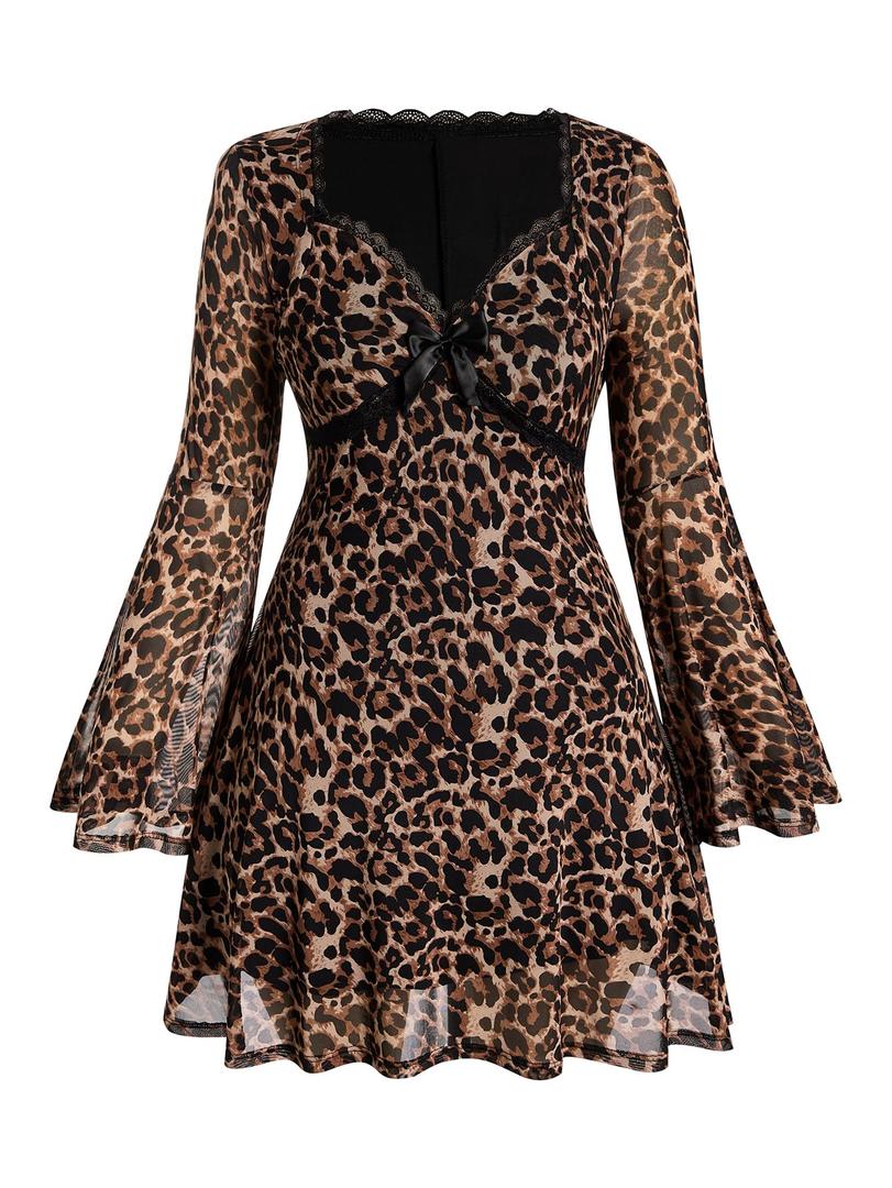 BEAUDRM Women's Y2k Plus Size Hippie Vintage Boho Dress Leopard Bell Long Sleeve V Neck Bow Mesh Goth Mini Dresses (Leopard, 2XL)