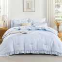 Andency Blue Gingham Ruffle Comforter Full (79x90Inch), 3 Pieces(1 Ruffled Comforter and 2 Pillowcases) Solid Farmhouse Shabby Chic Bed, Vintage Rustic Soft Polyester Bedding Set