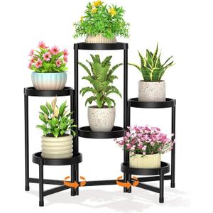 LASZOLA 6 Tiered Plant Stand Indoor Outdoor with Plastic Tray, Corner Folding Tall Flower Display Rack, Modern Plant Holder Shelf for Outdoor Patio Porch Garden Office Living Room, Black