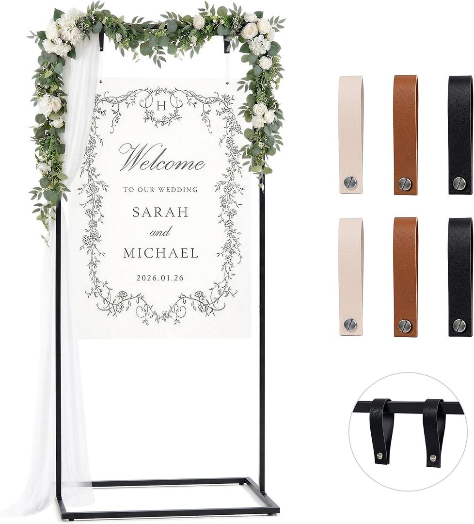 Wedding Welcome Sign Stand, 67" Tall Height - Black Metal Sign Holder with 6 Leather Straps, Easel Stand for Seating Charts & Event Décor