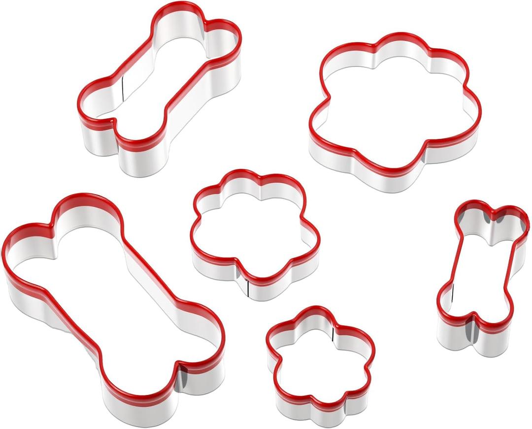 Dog Bone Cookie Cutters for Treats 6 Size Dog Bone & Paw Cookie Cutters, Stainless Steel Biscuit Mold with Soft PVC Cover Coated