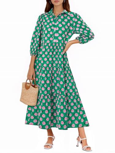 Wenrine Womens Casual Shirt Dress Floral 3/4 Sleeve Button Down V Neck Collared Loose Boho Beach Maxi Dresses A-Dark Green, L
