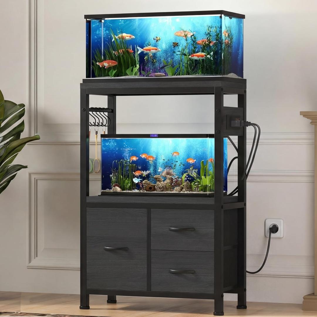 Heybly 5-10 Gallon Fish Tank Stand, Aquarium Stand with Drawer, Power Outlet, Heavy Duty Metal Frame, for Fish Tank, Turtle & Reptile Terrarium, 20.5"  10.2" Top, 200lbs, Black HAS002SBK
